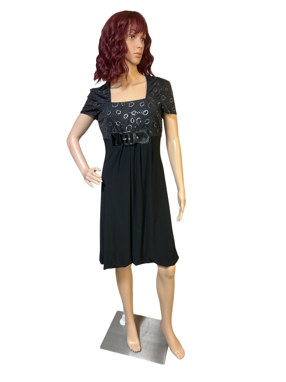 Joseph Ribkoff EUC Sz 8 Black Short Sleeve Dress Metallic Bodice Faux Belt 0825